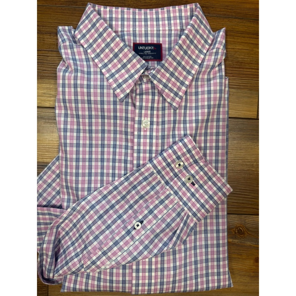UNTUCKit Dolcetto WF Shirt Mens Large Pink Blue Plaid Wrinkle Free Regular Fit